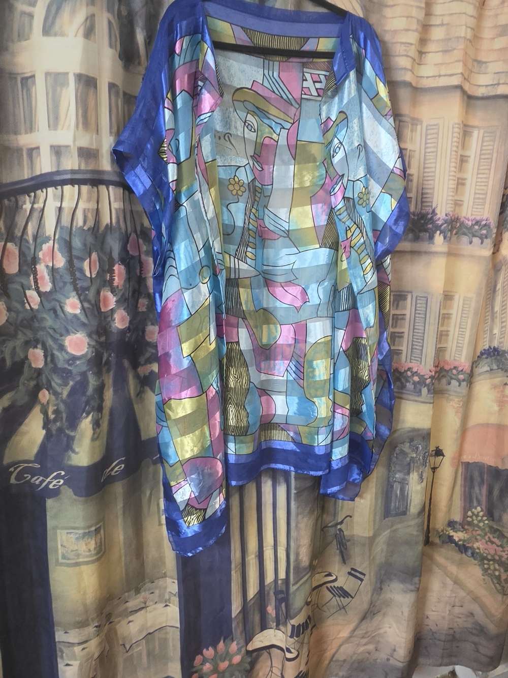 Colorful Abstract Silk-Look Kimono Cover-Up